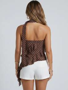 Women's Dot Print Tube Tops With Neckband Ruffle Asymmetrical Hem Summer Strapless Crop Bandeau - 深棕色 - 查看 2