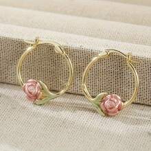 1pair, Romantic Rose Flower Earrings, Gold Earrings, Women's Daily Jewelry Gifts - Multicolor - View 2