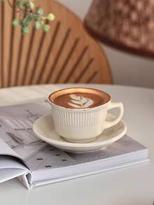 Bộ tách và đĩa cà phê màu trắng tinh khôi, tối giản, sang trọng, họa tiết sọc nổi, thích hợp cho pha chế latte art, uống nước văn phòng, cappuccino latte cao cấp, đĩa tráng miệng/trái cây thanh lịch, phù hợp cho nhà hàng, phòng khách, quán cà phê, tiệc tùng, làm quà tặng. - trắng - Xem 1