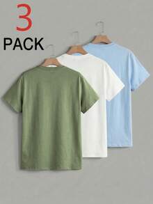 3 pièces/Set T-shirt à manches courtes col rond imprimé décontracté pour garçons, vêtements d'été pour étudiants et jeunes - Plusieurs couleurs disponibles. Portez nos t-shirts confortables et à la mode pour enfants et explorez le monde ! - Vert - Voir 4