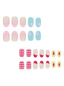 24pcs Oval Short Spring/Summer Press-On Nails, Cute Striped Fish, Flower, Star French Manicure Fake Nails With Bright Colors, Suitable For Beach, Party, Gathering And Daily Decoration - Multicolor - View 3