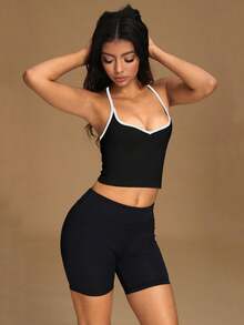 VVX Áo tank top crop cổ tim phối màu cho nữ, dây mảnh, hở lưng gợi cảm, thích hợp tập luyện yoga, thể thao, phong cách Y2K, không đường may, chất liệu gân, mềm mại, thoải mái, phù hợp mặc hàng ngày ở phòng tập, mọi mùa. - màu đen - Xem 4