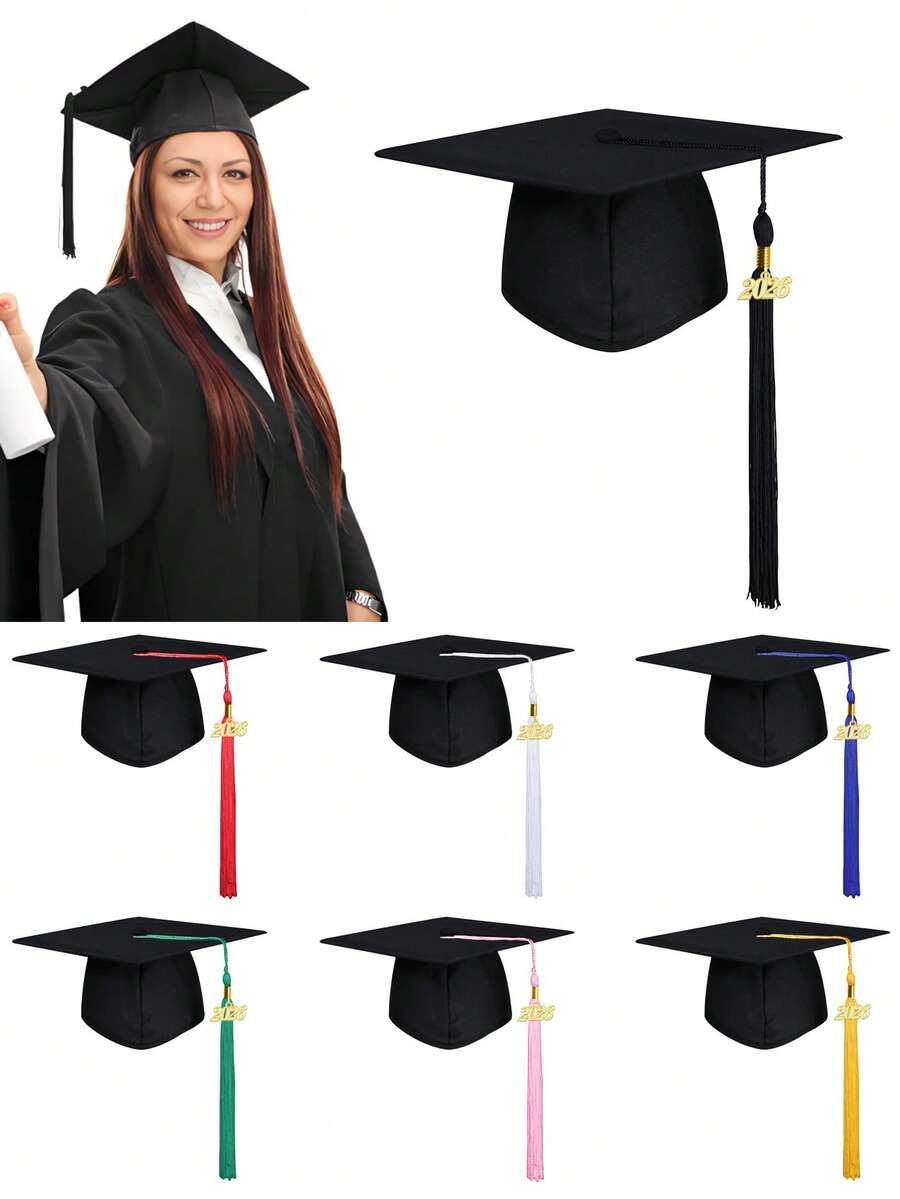 3pcs/1pc Unisex Matte Graduation Cap, 2026 Charming Graduation Cap, Adjustable Size Bachelor Cap, Tassel Decor Doctor Cap, Master Cap, Suitable For High School And Bachelor/Master Graduation Ceremony Photo - Multicolor - View 1