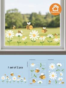 9.31*12.8inch, 2pcs/Set, Cartoon Cute Bee, Butterfly, Floral Pattern Wall Stickers, Self-Adhesive Removable Decals For Room, Kitchen, Bathroom Decoration, DIY Creative Lively Atmosphere - 2pcs - View 12