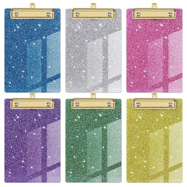 1pc Sparkling Glitter Acrylic Clipboard, 10x15cm, NOT A4 Size, 6 Vibrant Colors (Blue, Pink, Green, Purple, Yellow, White) , PMMA Material, Metallic Edges, Sparkling Glitter,Portable For School/Office/Notebooks