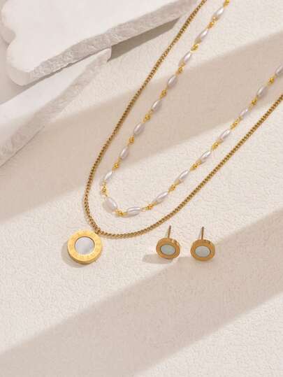 طقم قلادة وأقراط من الخرز الصناعي الدائري الفرنسي الرجعي ذو الطبقتين، طراز أنيق مناسب لحفلات النساء والعطلات والتجمعات