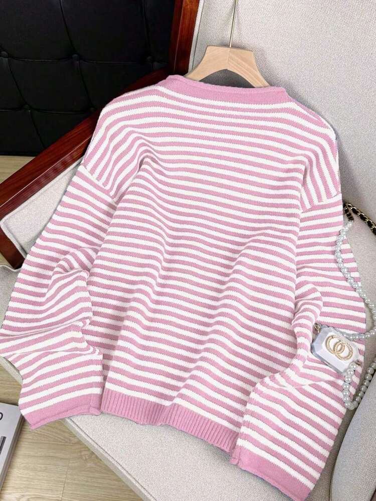 Vivid Style Autumn/Winter New Women's Fashion Street Style Loose Striped Knit Cardigan, Suitable For Street, Airport, Christmas, New Year Pink - 粉色 - 查看 4