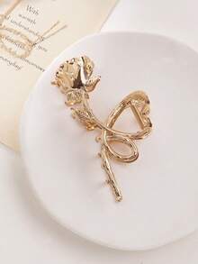 1个复古玫瑰金属大号发爪夹，优雅花朵发饰时尚发夹优雅发饰花朵发夹夏季海滩度假 - 金色 - 查看 3