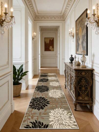 1件装田园菊花图案天鹅绒走廊地毯，适用于木地板、玄关、洗衣房、走廊、过道、楼梯、卧室、厨房、客厅和餐厅，时尚长垫，四季皆宜的室内家居装饰，可作门垫，易于清洁，柔软舒适，经久耐用防滑，是走廊、过道、卧室、厨房、床边地毯、家居装饰、厨房装饰的理想之选。