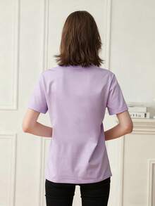Áo thun nữ mùa hè mới, kiểu dáng rộng rãi, in khẩu hiệu, cổ tròn, tay ngắn, thích hợp mặc hàng ngày và đi nghỉ mát. - Màu tím hoa cà - Xem 8