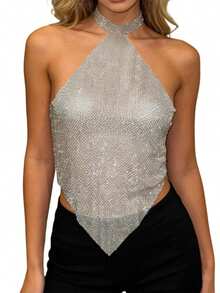 Top Halter de Mujer de Malla con Rhinestones, Brillante, Sin Mangas, Borde Asimétrico, Ajustado para Fiestas y Salidas Nocturnas de Verano - Plateado - Ver 7