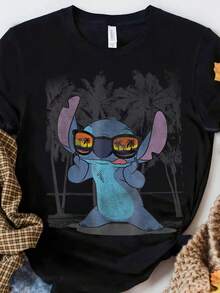 Lilo And Stitch Shirt, Funny Stitch On The Beach Shirt,  Family Matching Shirt, Walt  World Shirt, Land Trip Shirt Graphic Tee,Funny T Shirts,Gym T Shirt,Summer Tops,Black Tops,Tops For Going Out,Girls Clothes,Boys Tshirt,Tops For Women,Mens Tshirts,Summer Holiday Outfits,Girls Holiday - Black - View 1