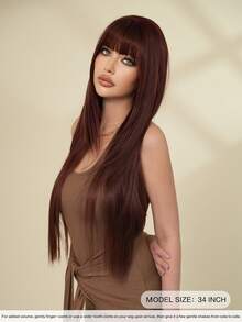 7JHH WIGS 34英寸超长直发覆盆子红棕色假发，带刘海 - 超长自然层次假发，高品质柔软合成纤维天鹅绒酒红色假发，适合女性日常佩戴、节日派对、母亲节礼物和毕业礼物 - 初学者无需胶水即可佩戴假发 - 紅木色 - 查看 4