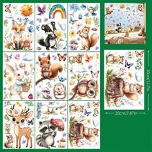 Conjunto de 9 adesivos de janela com animais da floresta em estilo desenho animado, perfeitos para a primavera. Adesivos estáticos de PVC com bichinhos fofos como coelhos, esquilos e raposas, além de elementos florais. Ideais para festas de primavera, decoração de vitrines de shoppings e salas de estar. - Adesivos de janela de primavera com animais de desenho animado - Ver 3