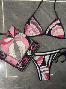 2026 New Retro Abstract Print Bikini Set Pink Black Color Block Tie-Up Beach Vacation Swimsuit - 亮橙色 - 查看 2