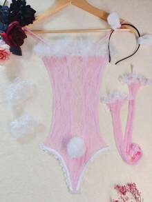 Naughty Roleplay Costume, Fishnet Lace Trim Camisole Bodystocking With Headpiece, Armband And Stockings, Lingerie Set Women - 粉色 - 查看 7