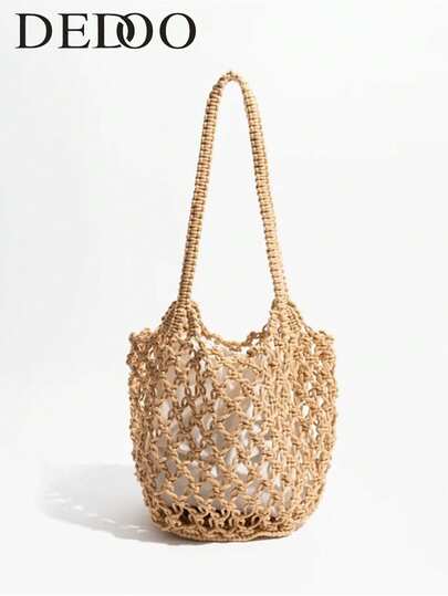 Dedoo Simple Cotton Rope Hand-Woven One-Shoulder Bag, Hollow Grid Design, Literary And Retro Style Crocheted Armpit Bag, Suitable For Spring And Summer Shoulder Bags, Daily Matching, Vacation Bag