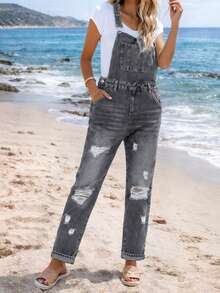 舒适宽松浅蓝色猫须条纹长款牛仔背带裤/连体裤，女士春夏休闲款 - 灰色 - 查看 5