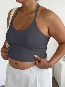 Plus Size Sexy Minimalist Ribbed Spaghetti Strap Fitted Camisole, Suitable For Daily, Commute, Street, Date, Workout Casual Summer - Grey - View 6