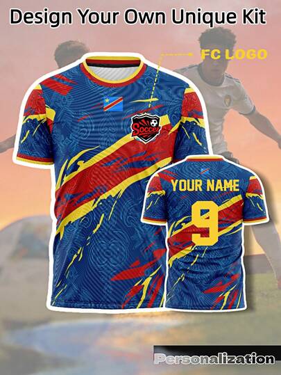 2026 World Cup DR Special Edition Customized Soccer Jersey - Personalized Name And Number, Inspired By Brushstroke Flag Pattern, Soft And Comfortable Fabric, Suitable For Soccer, Basketball, Volleyball Matches, Training And Daily Wear