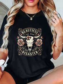 Crew Neck Graphic Cotton T-Shirts For Women, Beautiful Disaster Cow Skull Roses Design  Oversized Casual Short-Sleeved T-Shirts, Unisex Tees, Spring And Summer Fashion Women'S Top T-Shirts - 黑色 - 查看 1
