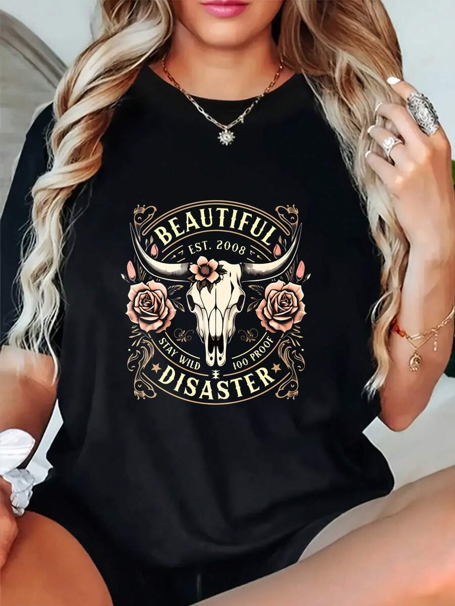 Crew Neck Graphic Cotton T-Shirts For Women, Beautiful Disaster Cow Skull Roses Design  Oversized Casual Short-Sleeved T-Shirts, Unisex Tees, Spring And Summer Fashion Women'S Top T-Shirts - 黑色 - 查看 1