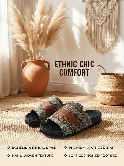 Dép trẻ em phong cách Bohemian bán chạy nhất năm 2026 - Họa tiết kẻ sọc caro nâu phối da - Đế EVA dày chống trượt - Dép mát mẻ - Phong cách retro giản dị - Thích hợp cho cả trong nhà và ngoài trời - Dành cho trẻ em từ 3-12 tuổi, mùa xuân/hè.