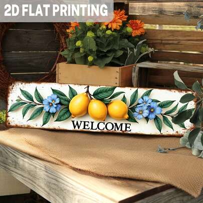 2D Flat, 1pc Vintage Style Welcome Sign, Featuring Lemon And Blue Floral - Citrus Flower Design, Rustic Farmhouse Wall Decor, Suitable For Kitchen, Porch, Entryway And Indoor/Outdoor Use, Size: 9.98 X 39.98 Cm