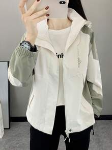 Chaqueta cortavientos con bloques de color para mujer para primavera y otoño, para deportes al aire libre, impermeable, cortavientos, para correr, ligera, transpirable, de manga larga - Caqui - Ver 2