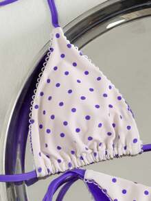 新款女士音乐节沙滩波点蕾丝边串珠挂脖系带泳裤纯色内衬性感简约浪漫休闲假日派对比基尼套装，夏季女士时尚泳装 - 紫羅蘭色 - 查看 5