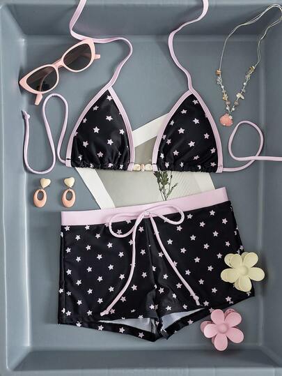 Women's 2-Piece Bikini Set - Star Print With Solid Trim, Triangle Cup Halter Top (Adorned With Bead Accents), High-Waisted Boy Short Bottom, Elegant Summer Beachwear, Women's Sling Swimsuit For Summer Beach Vacations Black