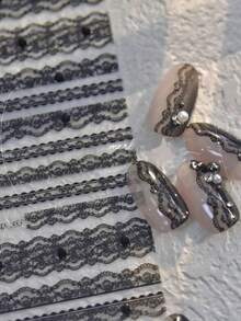 1pc 5D Black Lace Striped Nail Stickers Luxury Crystal Diamond Nail Stickers High Quality Pearl Autumn/Winter Nail Stickers - Black - View 4