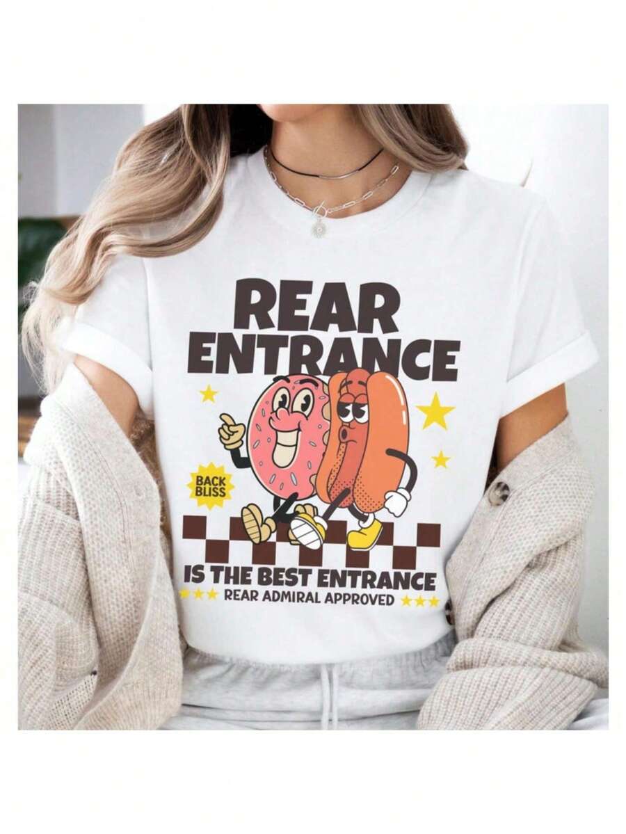 Funny Shirts Rear Entrance Naughty Meme Shirt Exchange Gift Offensive Joke Shirt Inappropriate Tee Unhinged Raunchy Shirt White Elephant Shirt Swap Cute Summer Tops For Women,Seasonal Casual Short Sleeved Graphic T-Shirt - 白色 - 查看 1