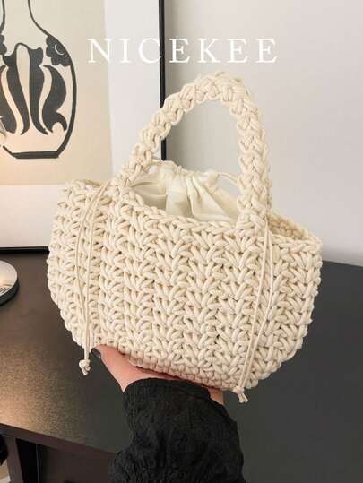 时尚纯色轻便百搭手提包，小巧精致的个性化优雅小方包，大容量休闲抽绳包，适合购物、通勤、工作、度假、日常出行。