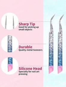 1支蓝色冰花镊子，多功能双头美甲镊子，带硅胶印章棒 - 彩色 - 查看 2