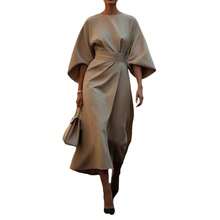 2026 Women S European American Fashion Elegant Solid Color Waist Cinching Bat Sleeve Long Dress Casual Party Work Office Dresses - 棕色 - 查看 6