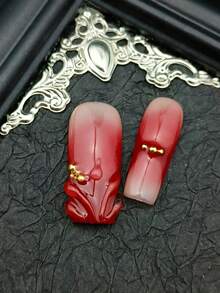 10pcs DIY Cute Baroque Y2K Shiny False Nails With Floral Decor, Handmade Square Long Glitter French Manicure Nails, Suitable For Valentine's Day, New Year Or Party Wear, For Women Holiday Use, Comes With Nail Glue Stickers And Nail File. - Đỏ và trắng - Xem 6