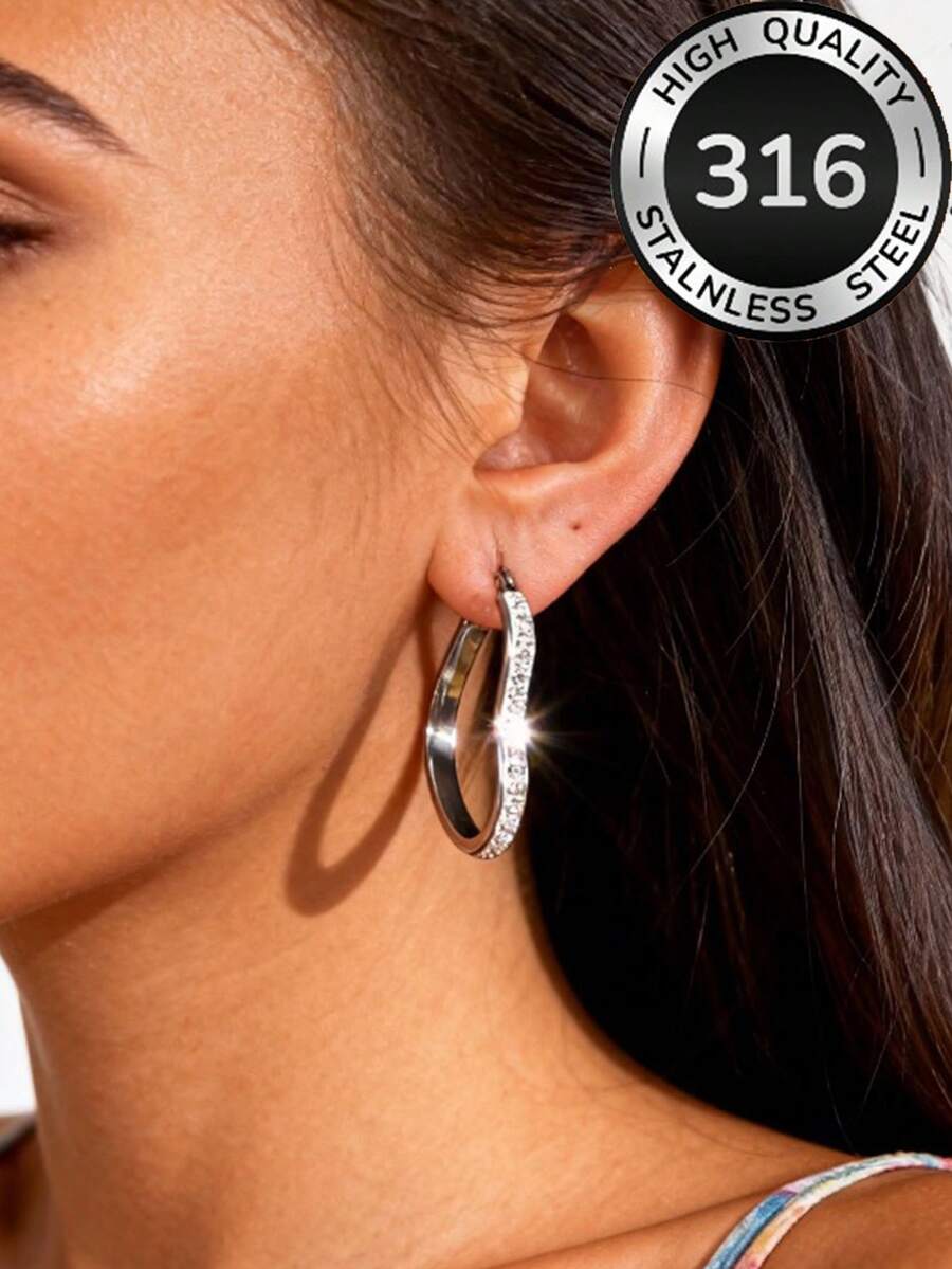 Light Luxury Exquisite Diamond-Encrusted Heart Hoop Earrings, Dazzling And Elegant Design, 316 Stainless Steel Jewelry, Lightweight Eye-Catching Accessories, Suitable For Women's High-Quality Low-Fading Minimalist Earrings For Commuting, Available In Gold And Silver, Perfect For Parties And Daily Wear, Ideal Gift Choice - Heart-shaped - View 1