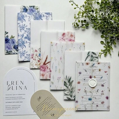 NIEWSPECIAL 20pcs Watercolor Floral Leaf Transparent Papers, Suitable For 5"X7" Wedding Invitations, Transparent Paper Sleeves, Custom Transparent Paper Packaging Invitations, DIY Wedding Invitations