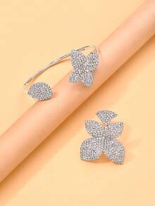 Set de joyería de 2 piezas con brazalete y anillo de flor con rhinestones dorados, set de joyería de flor grande para mujer, accesorios para fiestas - Plateado - Ver 6