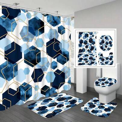 1/3/4pcs Creative Modern Luxury And Industrial Style Mixed Geometric Pattern Bathroom Curtain Set, Includes Bath Mat, Toilet Mat, U-Shaped Mat, Polyester Fiber, Home Bathroom Decor, Holiday Gift For Yourself, Friends And Family