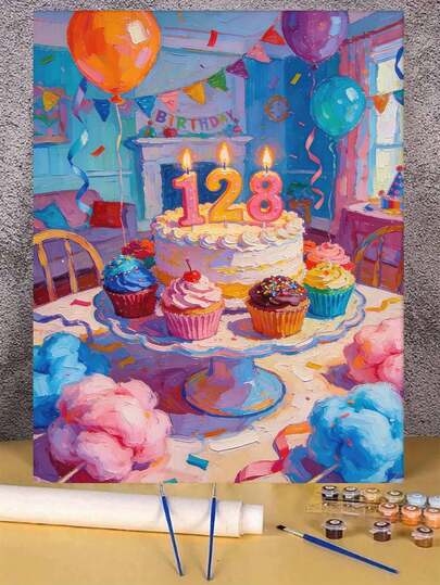 Colorful Birthday Party Cake Cupcakes Balloons DIY Oil Painting By Numbers Canvas Painting Crafts Adult Home Decoration 40x50cm/16x20inch Holiday Gifts