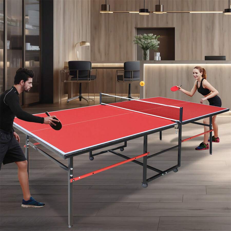 MoolSun 8ft Mid-Size Table Tennis Table Foldable & Portable Ping Pong Table Set For Indoor Games With Net, 2 Table Tennis Paddles And 3 Balls - A-red - View 1
