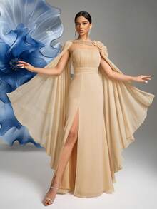 SUPGIR Sleeveless Halter Dress With Luxurious Sequins Fabric Rose Shawl, Evening Gown - Champagne - View 4