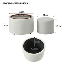 Ball & Cast 2-Piece Nesting Stool Set With Storage, Footstool With Linen Cover And Wooden Shelf, 58 Cm Round Coffee Table & Bench, Beige - Beige - View 2