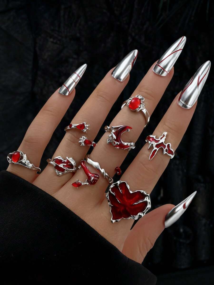 8 pezzi Set di anelli da donna in stile punk con cuore a goccia rossa, strass a forma di ragno e luna crescente con cuore e strass - Argento - Visualizzare 1