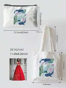 海洋生物印花帆布手提袋，轻便可重复使用，适合泳池度假日常必备 - 彩色 - 查看 3