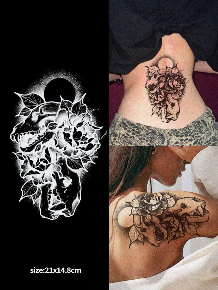 1 pieza Tatuaje temporal vintage con diseños florales, calavera animal y sol, apto para hombres y mujeres, pegatina de tatuaje impermeable y de larga duración para la cintura, abdomen, brazo, muslo, espalda, hombro, arte corporal unisex, tatuaje falso, cobertura de cicatrices - Negro - Ver 1