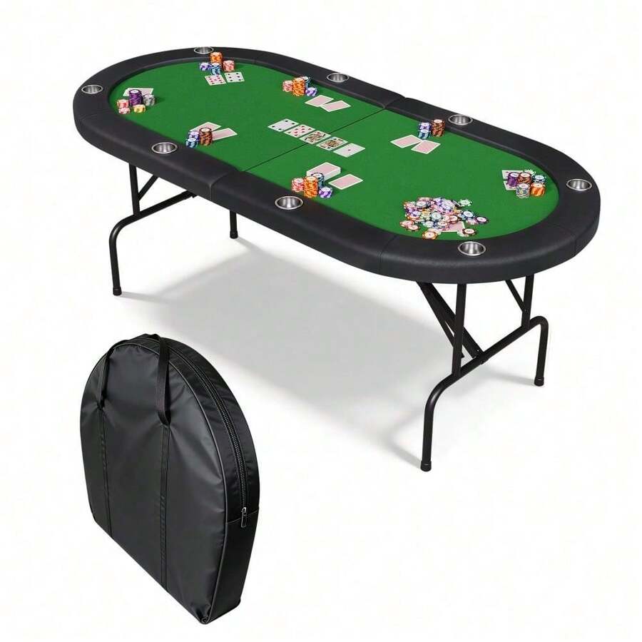Mesa de póquer plegable para 8 jugadores, mesa de casino Texas Holdem de 72 pulgadas con barandillas acolchadas y portavasos, mesa de juego plegable portátil para el hogar o la sala de juegos. - Color: ribete negro + verde - Ver 1