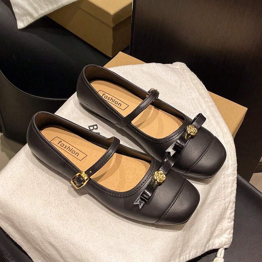 2026新款法国山茶花鞋,方头玛丽珍女鞋,优雅芭蕾平底鞋,春夏必备 - 黑色 - 查看 1